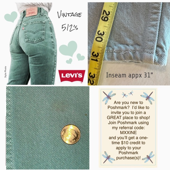 ‘93 Vintage LEVI’s 512 Slim Fit High-Rise Tapered Leg Green Jeans (W25/26 L31) - Picture 16 of 17